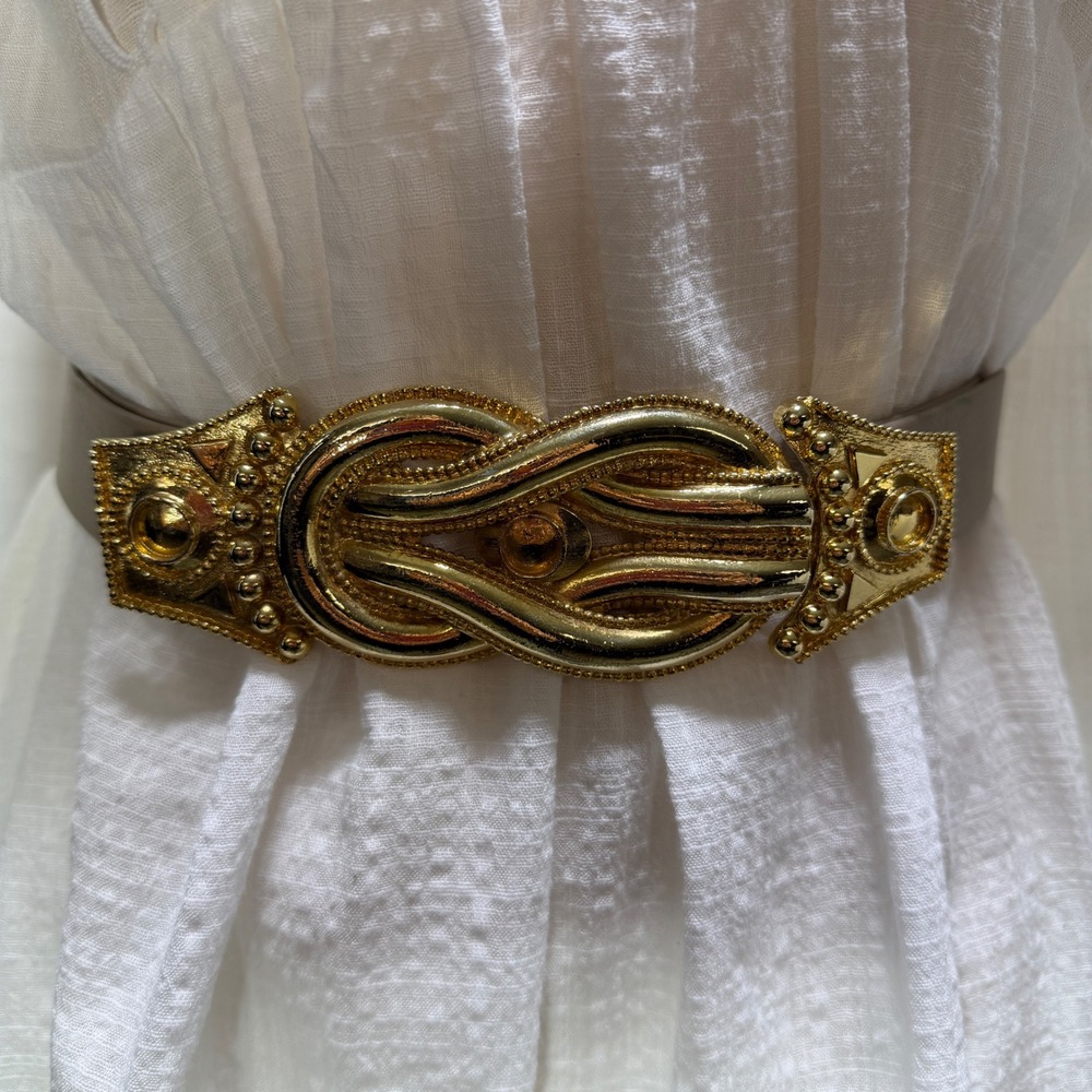 Vintage Style Taupe Cinch Belt Gold Tone 2 Piece Ornate Interlocking Buckle